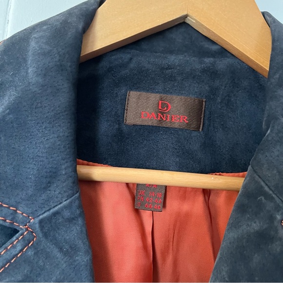 Vintage Danier Suede Leather Denim Blue Jacket Orange Contrast Stitching Y2K - Picture 9 of 13